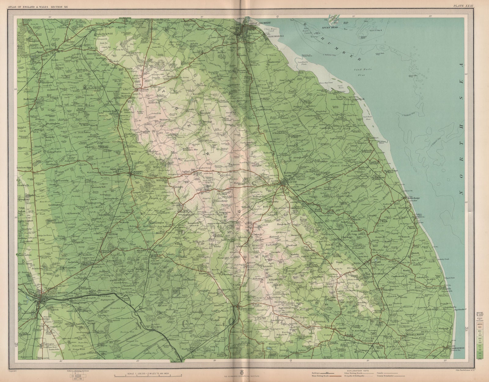 LINCOLNSHIRE WOLDS. Lincoln Grimsby Louth Skegness Horncastle. LARGE 1903 map